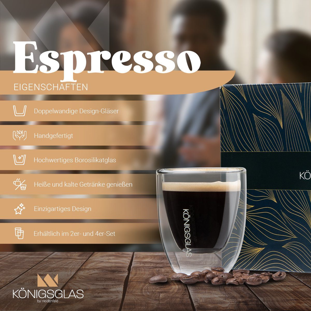 Königsglas Espressoglas Espresso Glas Set 80 ml doppelwandige Espressotassen, Thermogläser, handgefertigte Kaffee Gläser 2/4er Set Cappuccino Latte Macchiato