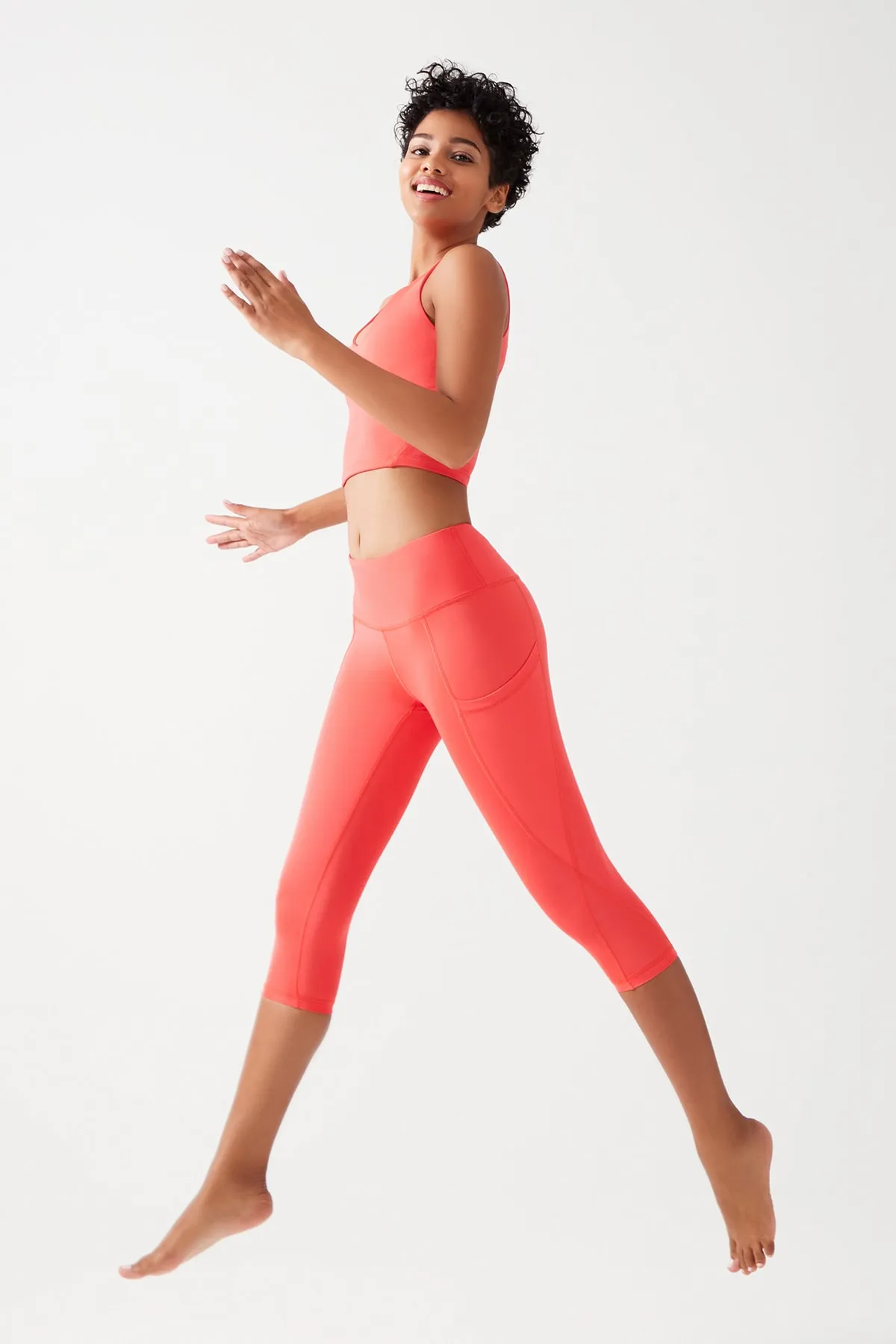 LOS OJOS  Damen-Capri-Leggings in Koralle mit hoher Taille, glättend, doppelte Tasche unterhalb des Knies