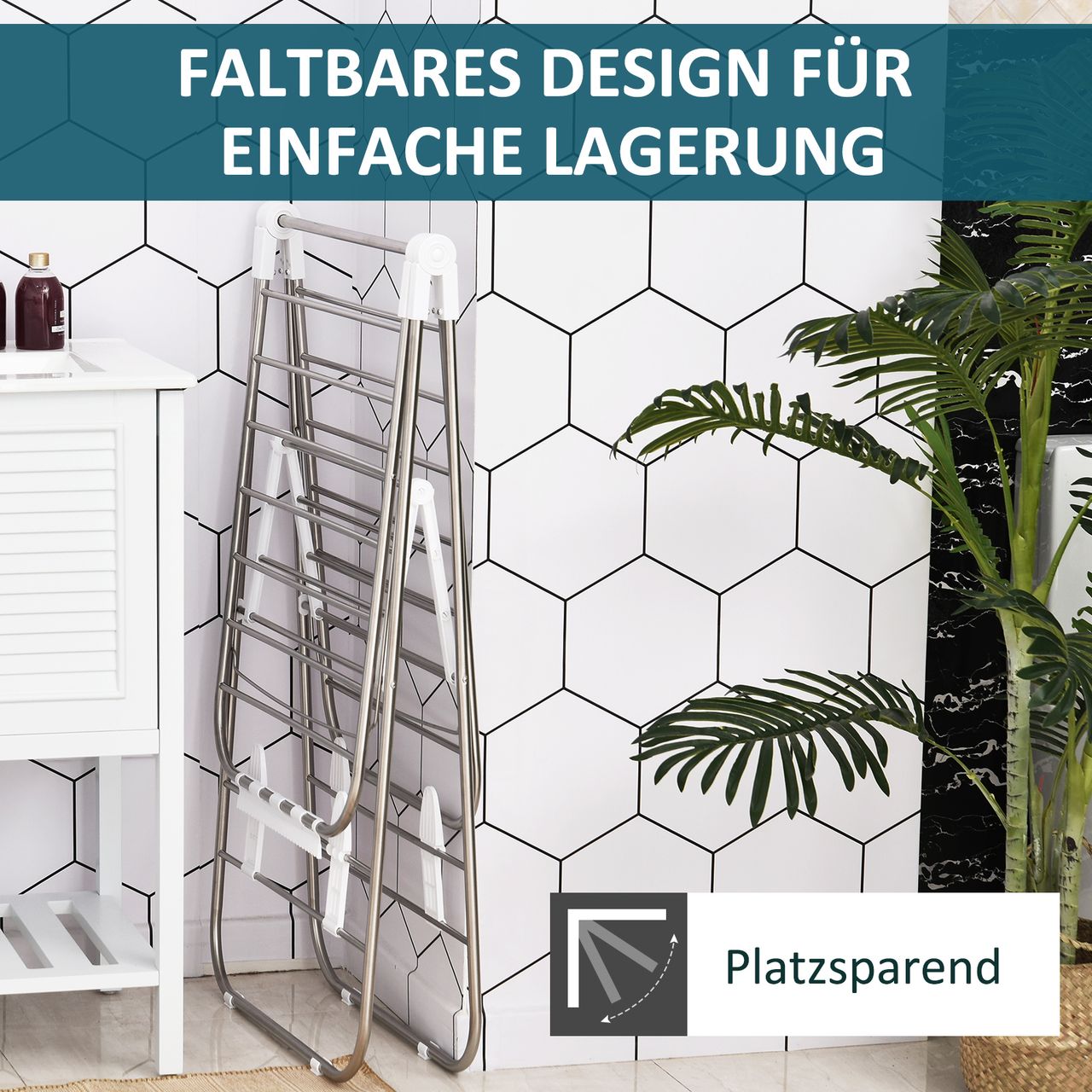 HOMCOM faltbarer Wäscheständer, tragbarer Flügelwäschetrockner, Edelstahl, Kunststoff, Silber, Weiß, 146 x 60,5 x 98 cm