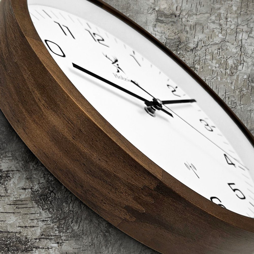 Holzwerk Funkwanduhr FELSBERG Designer Funk Holz Wand Uhr, braun, weiß (lautlos ohne Tickgeräusche, 30 cm)
