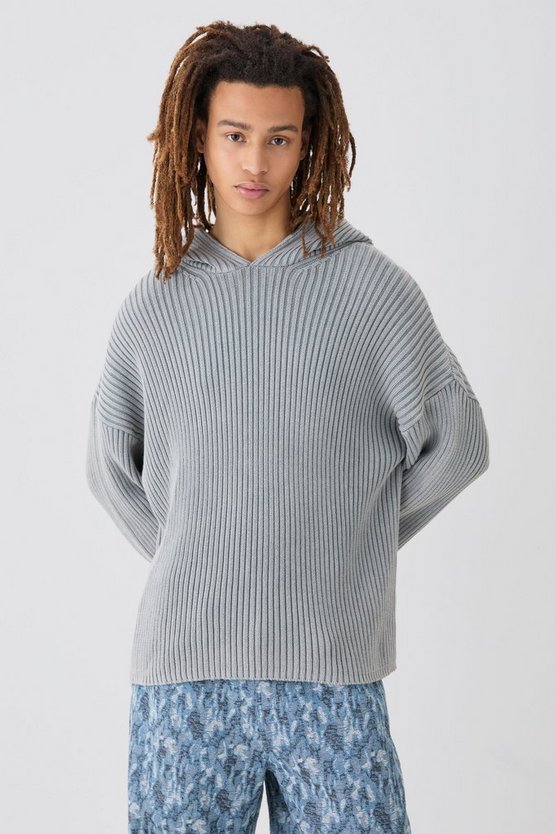 Gerippter Strick-Hoodie mit Acid-Waschung