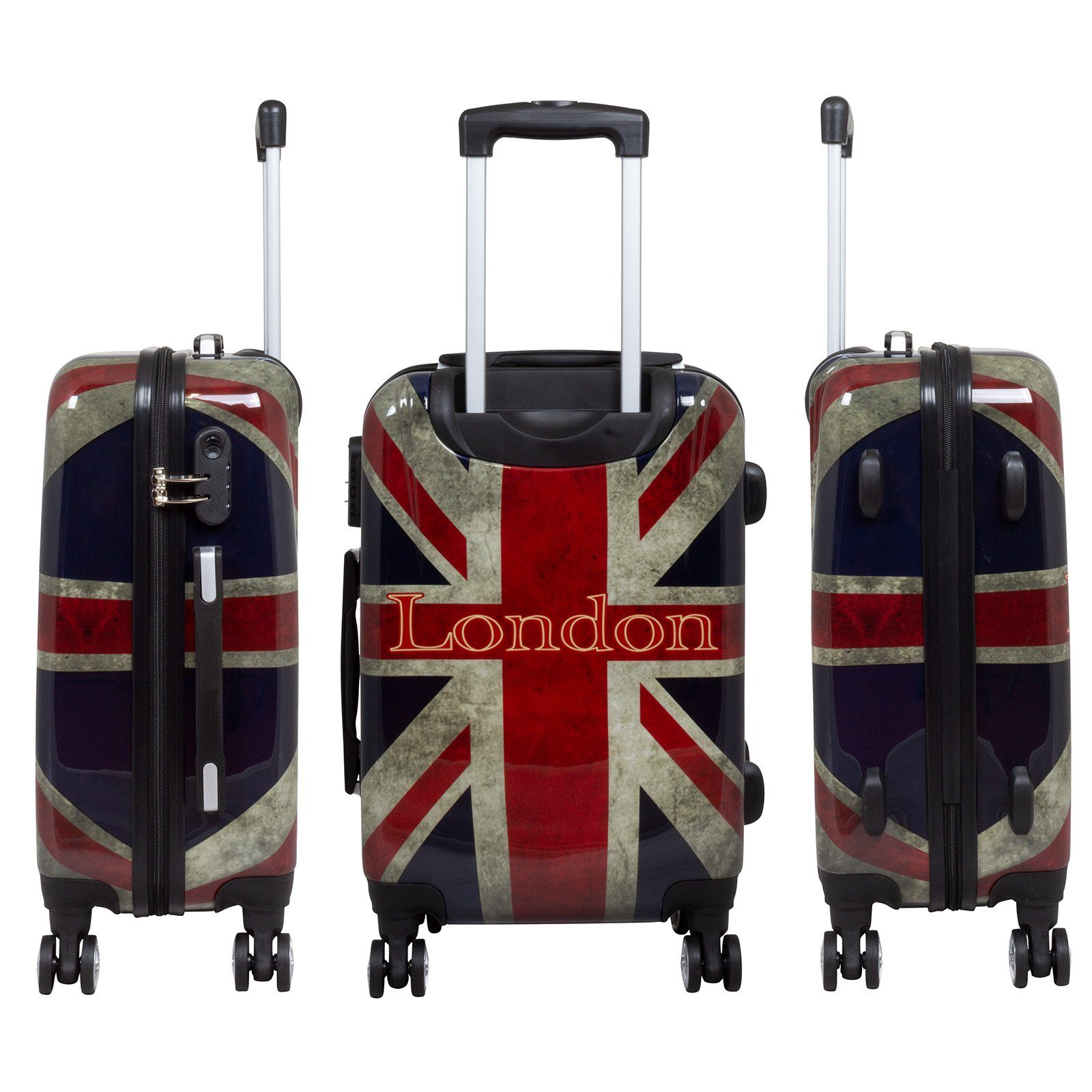 Trendyshop365 Hartschalen-Trolley Union Jack, bunter Koffer mit London-Motiv, 3 Größen, 4 Rollen, Zahlenschloss, Polycarbonat, Dehnfalte