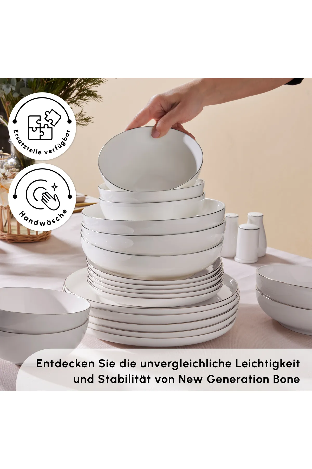 Karaca  Favaro Platin 56-teiliges Geschirrset – Elegantes Platin-Akzent New Generation Bone