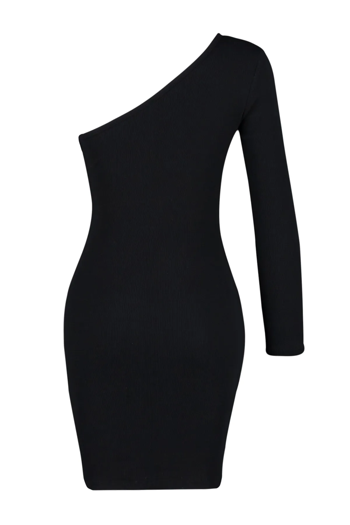 Trendyol Collection  Schwarzes, geripptes One-Shoulder-Taillentes/tailliertes, dehnbares Mini-Strick-Bleistiftkleid TWOAW24EL00181