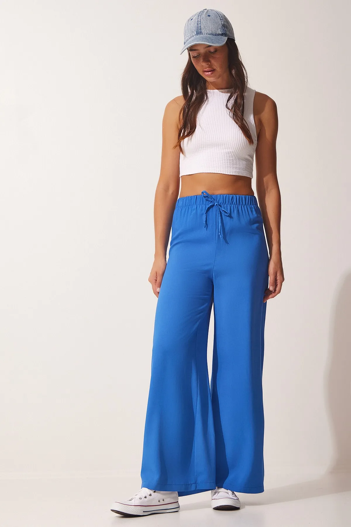Happiness İstanbul  Blaue Damen-Palazzohose aus Baumwollviskose BV00076