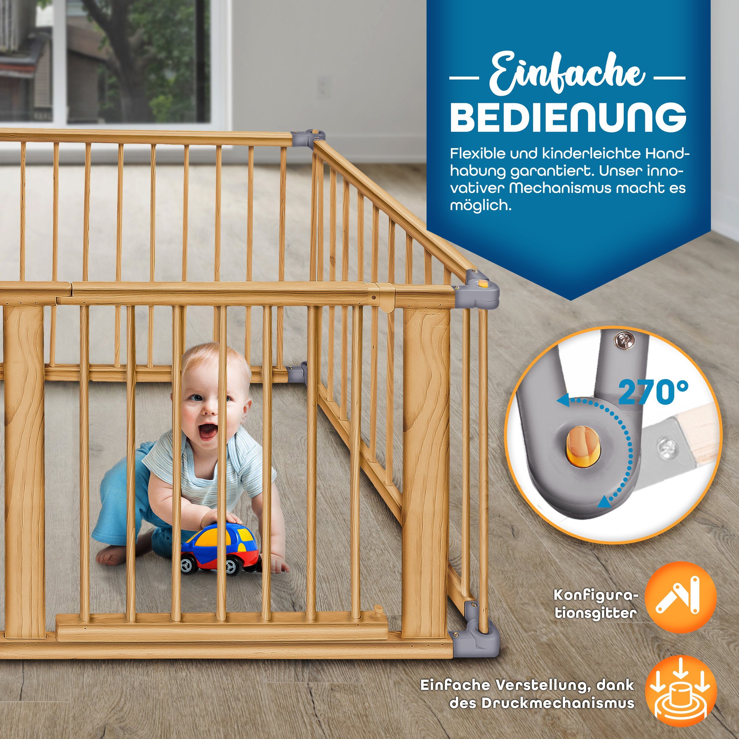 KIDUKU Laufgitter 7,2 Meter Laufstall XXL klappbar inkl. Tür, bestehend aus 8 Elementen (mit doppelter Sicherung für Kinder Krabbelgitter), Absperrgitter individuell formbar