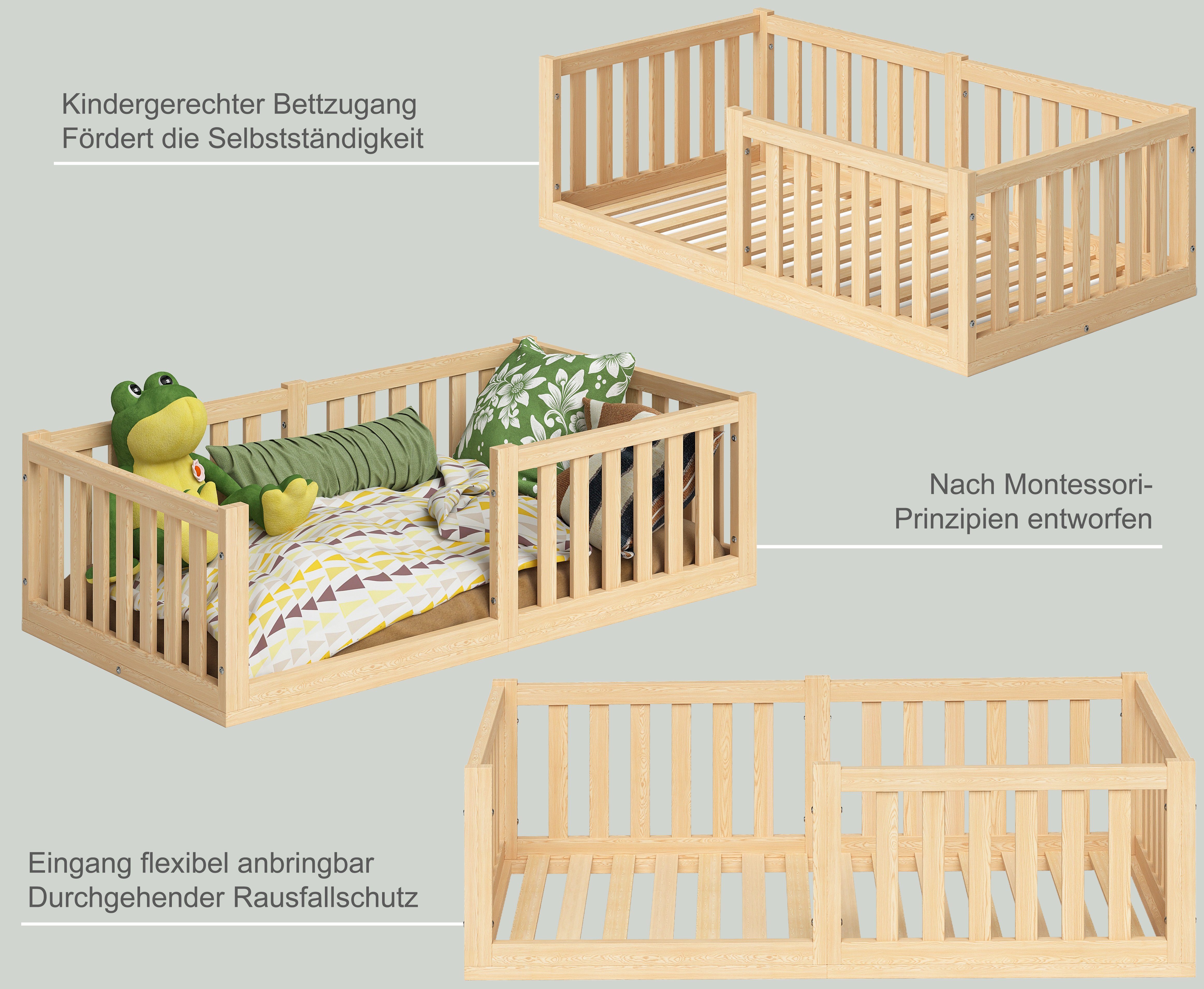 Bellabino Kinderbett Tapi (70x140, natur, inkl. Lattenrost und Rausfallschutz), aus Kiefer Massivholz, in verschiedenen Farben u. Größen