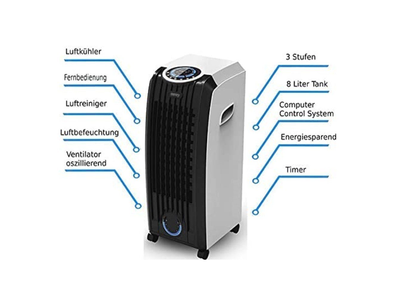 JUNG Ventilatorkombigerät CAMRY mobiles Klimagerät ohne Abluftschlauch, Wasserkühlung, Fernbed, Aircooler, Aircondition, 80W, Luftkühler, leise, Ventilator Kühler