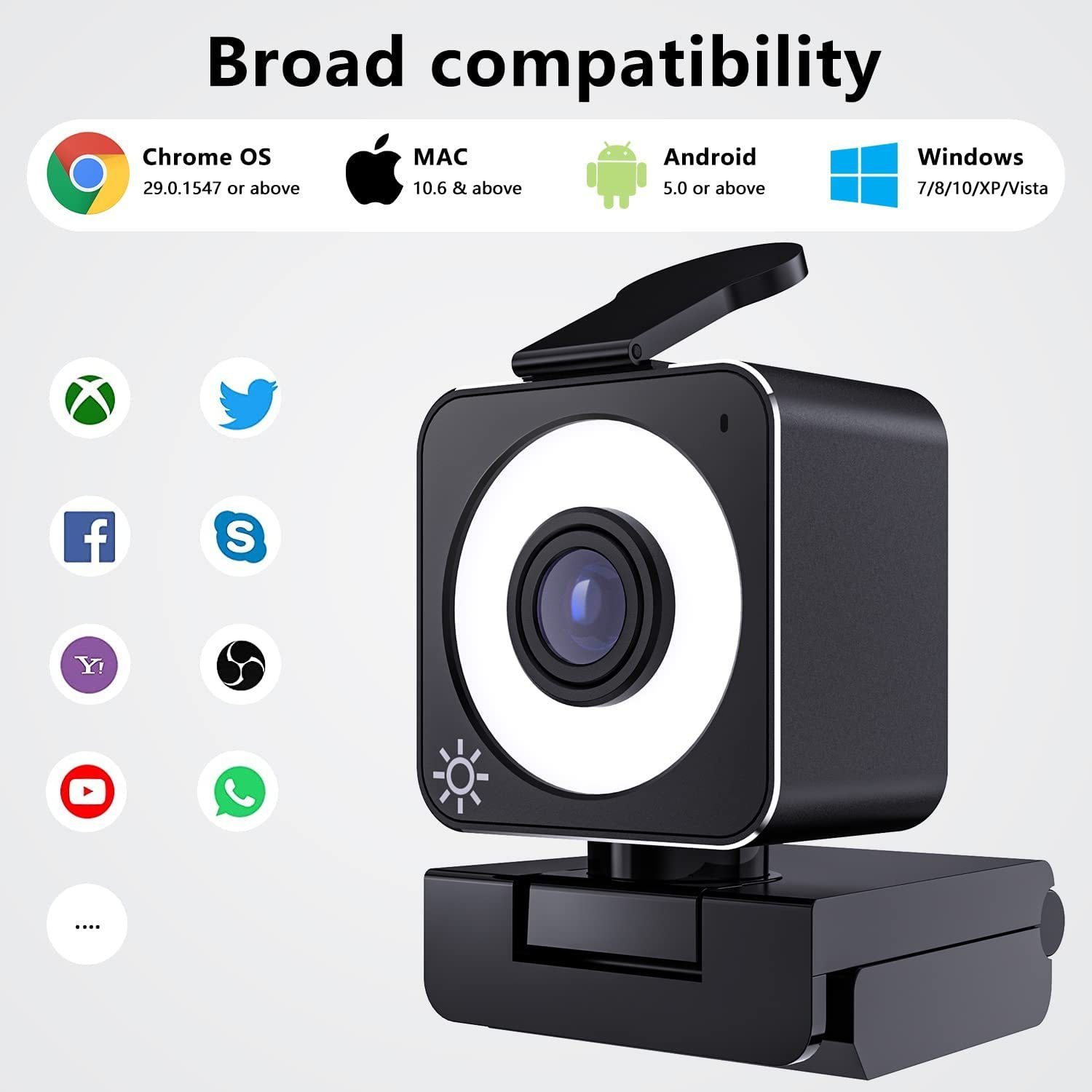 Diyarts Webcam (Full HD, PC Kamera und Laptop Video Konferenzen Online-Unterricht und Streaming, Mikrofon & Ringlicht, 90° USB Kamera mit automatische Lichtkorrektur)