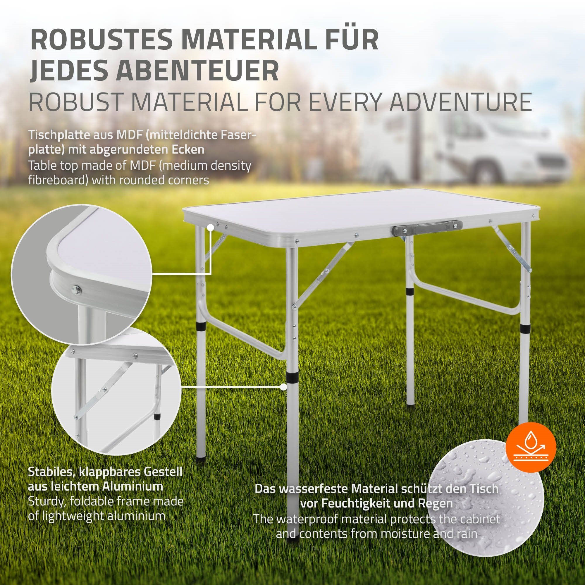 ML-DESIGN Klapptisch Campingtisch Tischplatte Gartentisch Falttisch Picknicktisch, Aluminium Silber-Weiß 75x55x68/32,5cm höhenverstellbar leicht MDF