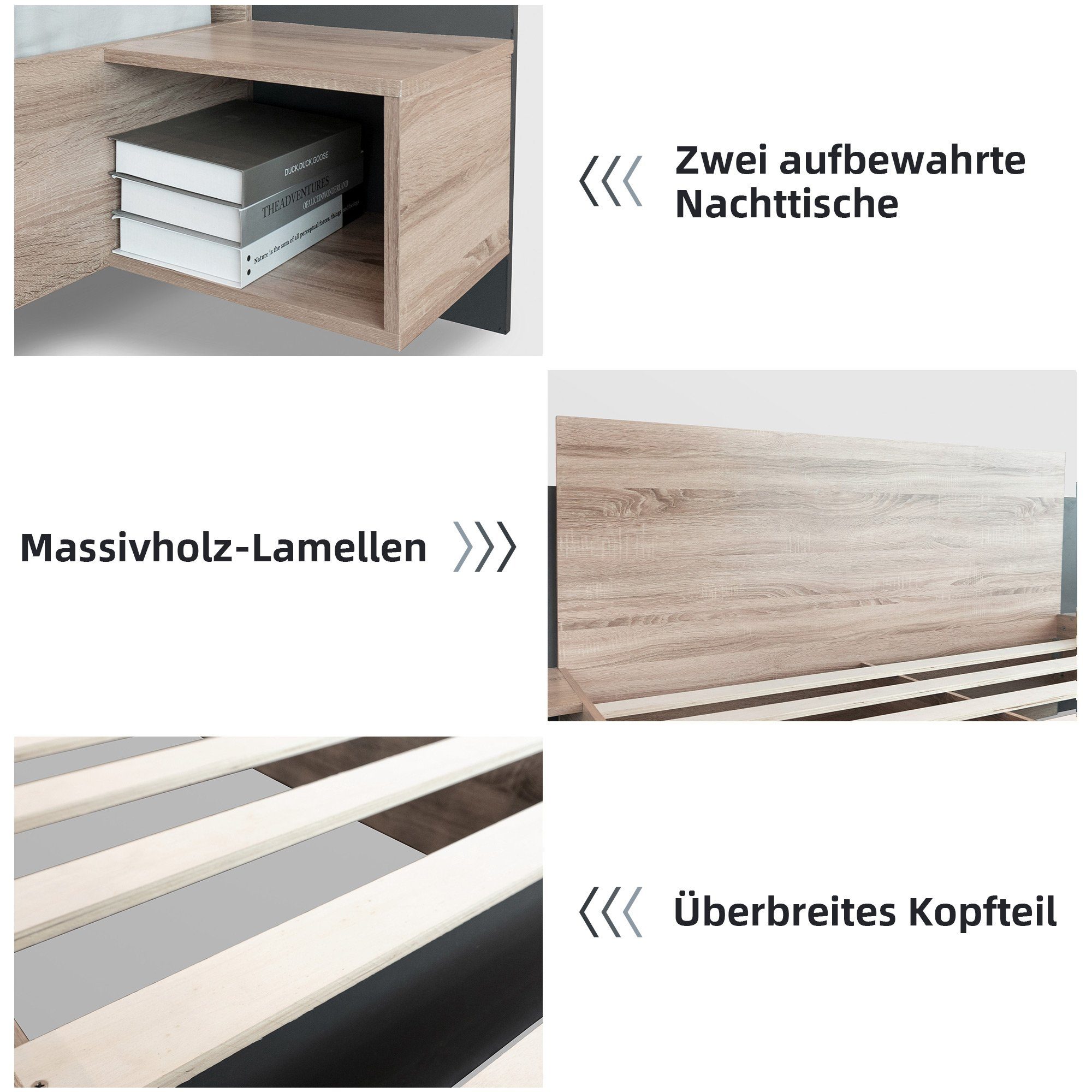 OKWISH Massivholzbett Natur Bett Solide (160x200cm mit Lattenrost ohne Matratze), mit 2 Nachtkommoden Modernes Bett inkl