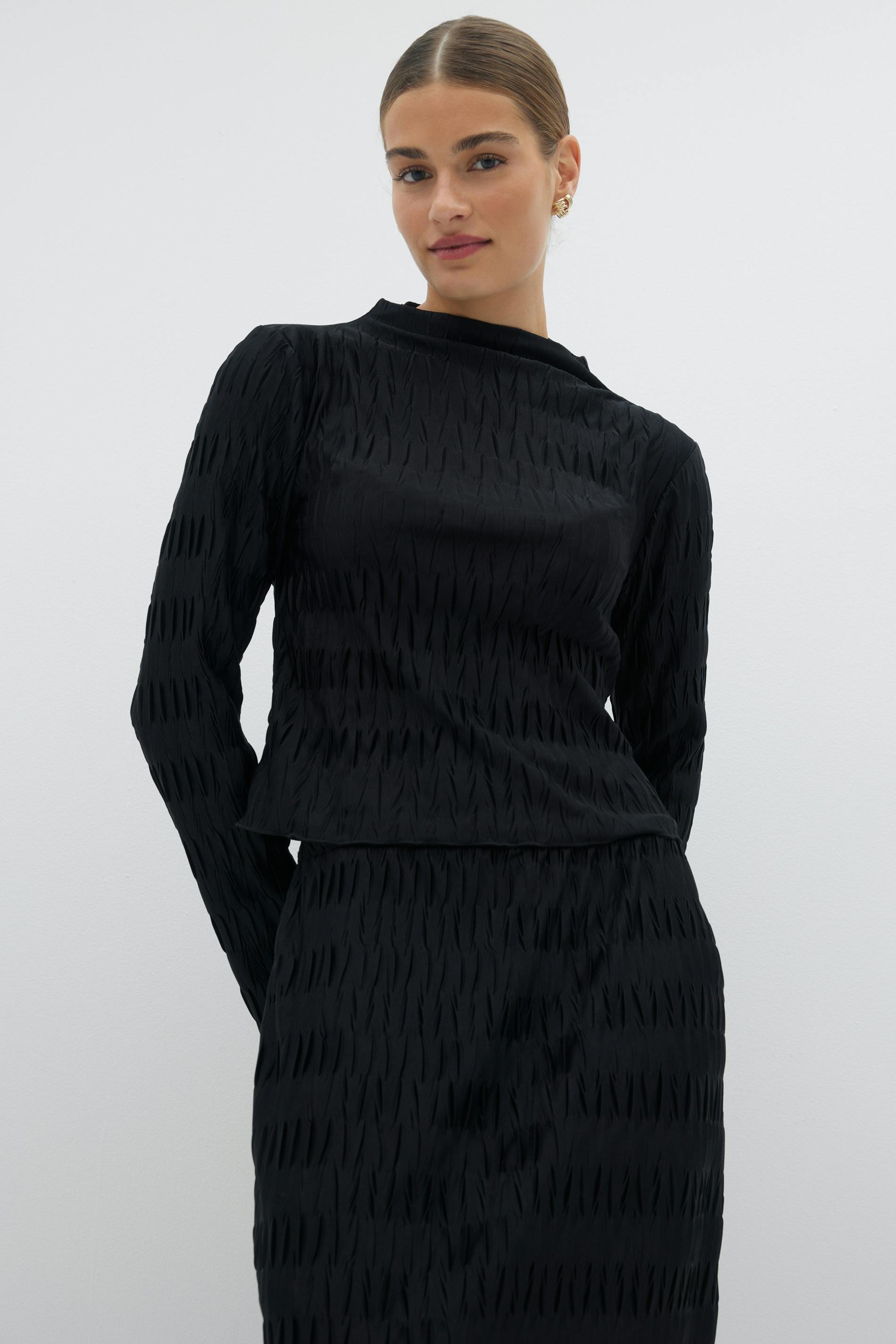 Pleated funnel neck top