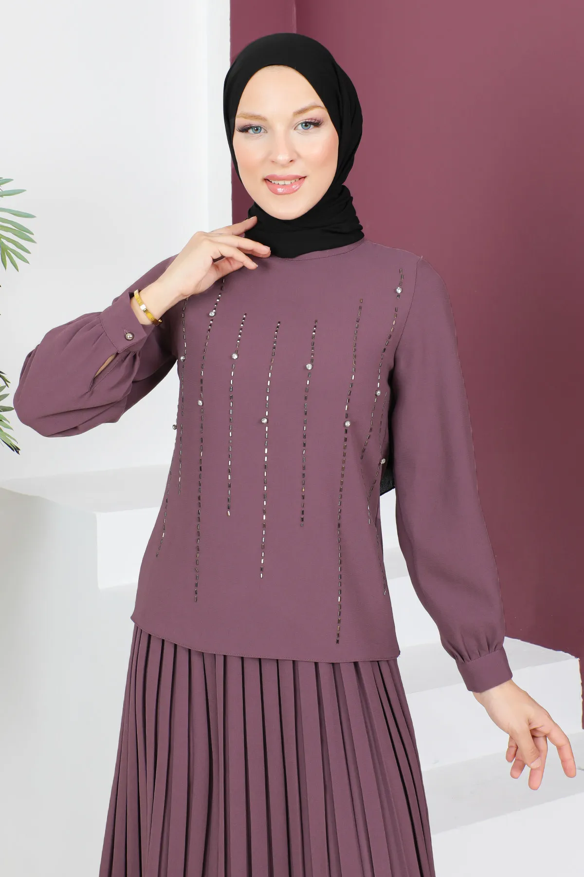 Tesettür Dünyası  Stone Detaillierter Rockanzug Tsd230525 Dusty Rose