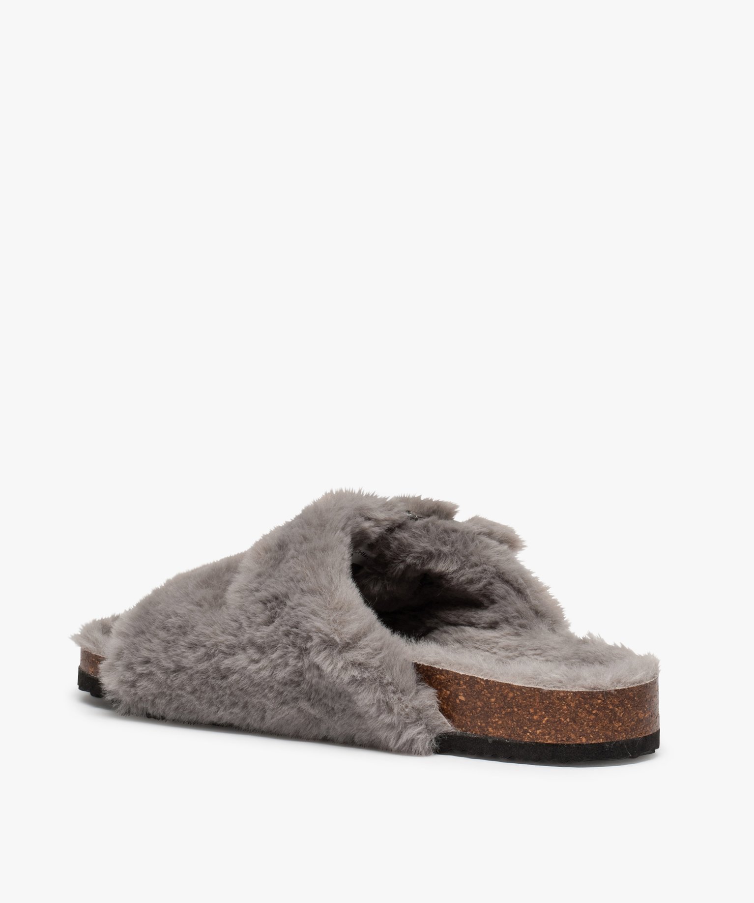 Chaussons femme mules à larges brides en textile peluche gris | GEMO
