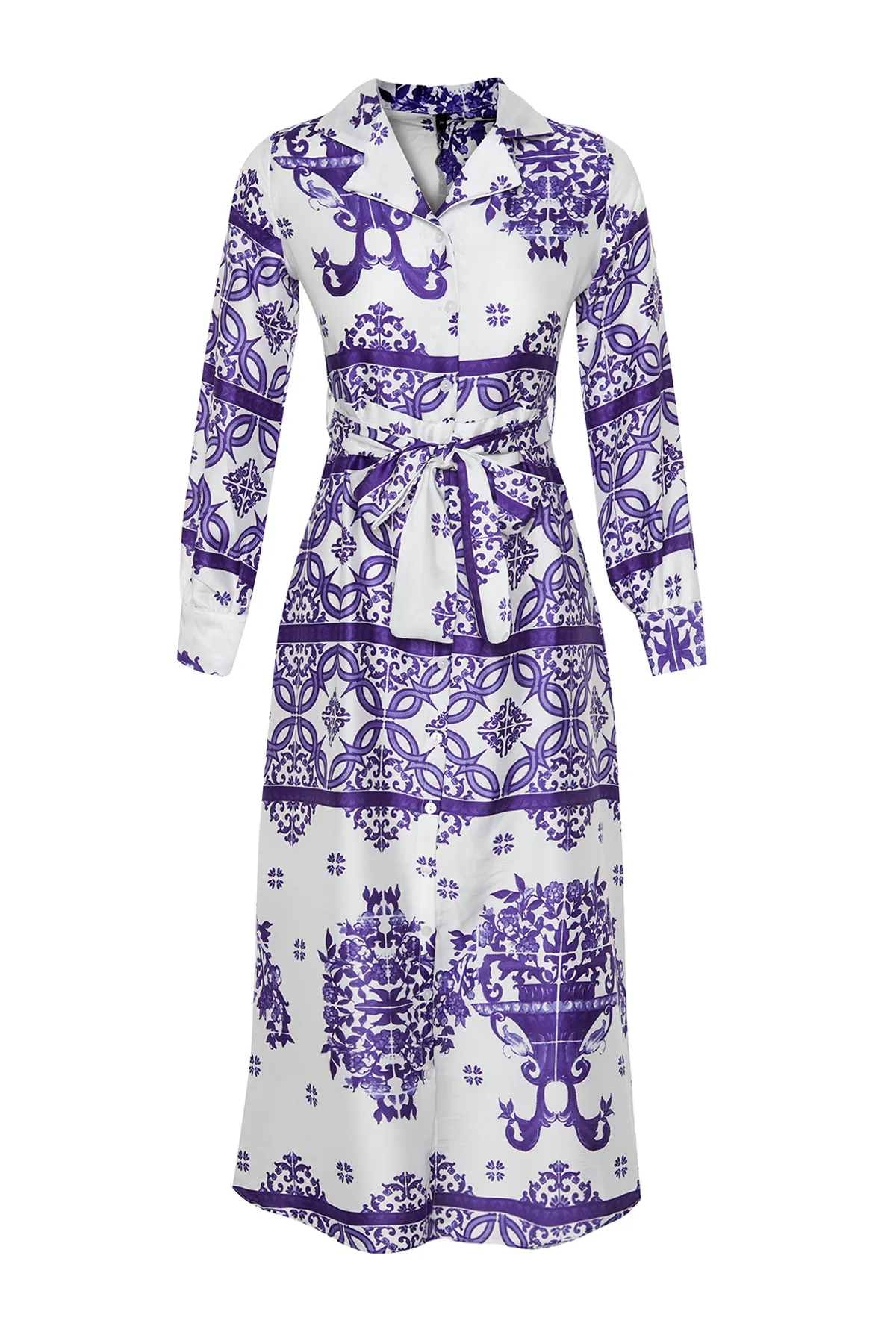 Trendyol Modest  Lila gewebtes Satin-gemustertes Hemd-Abendkleid TCTSS24EB00039
