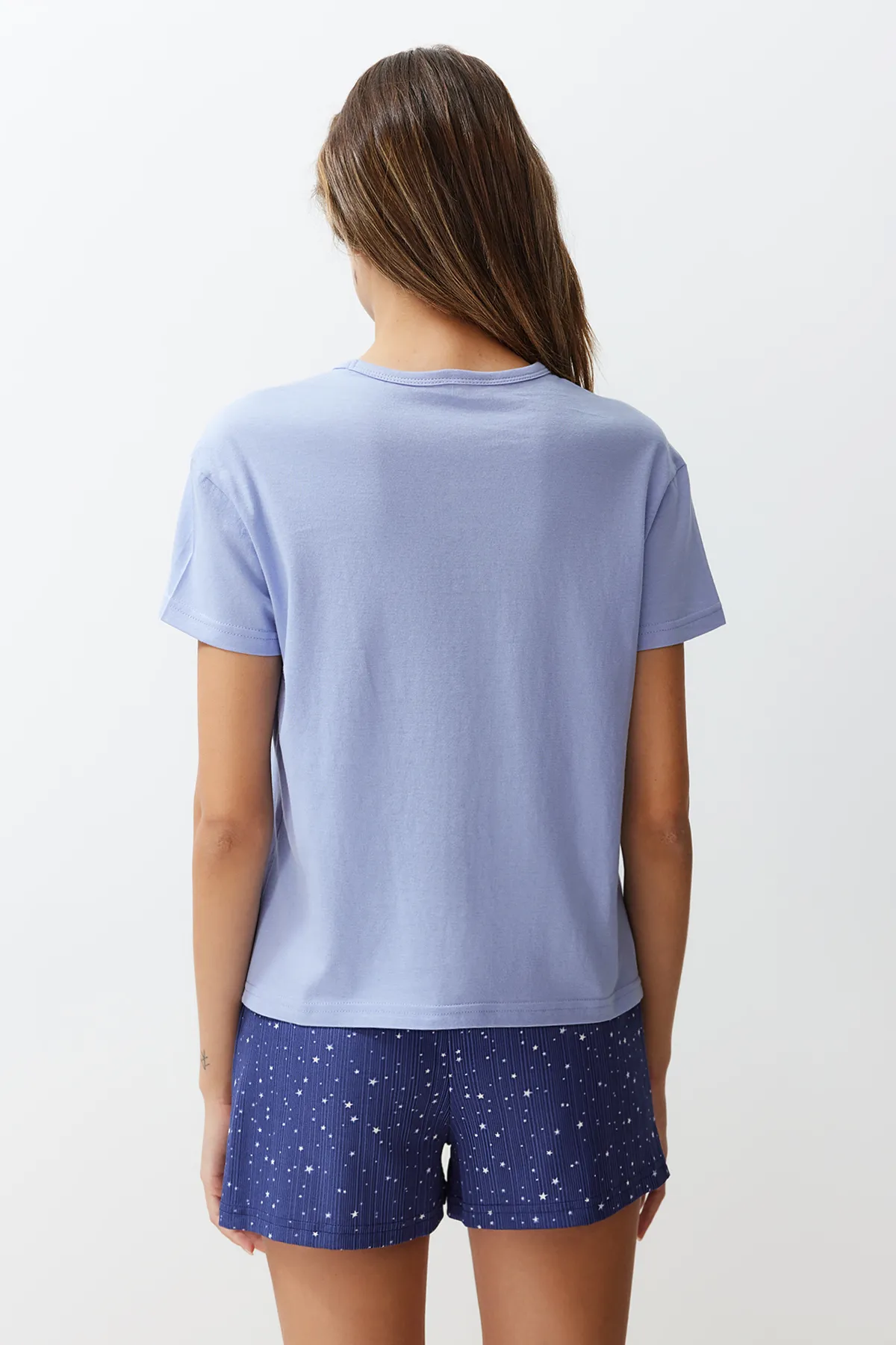 Trendyol Collection  Blaues Strickpyjama-Set aus 100 % Baumwolle mit Sternmuster THMSS24PT00202