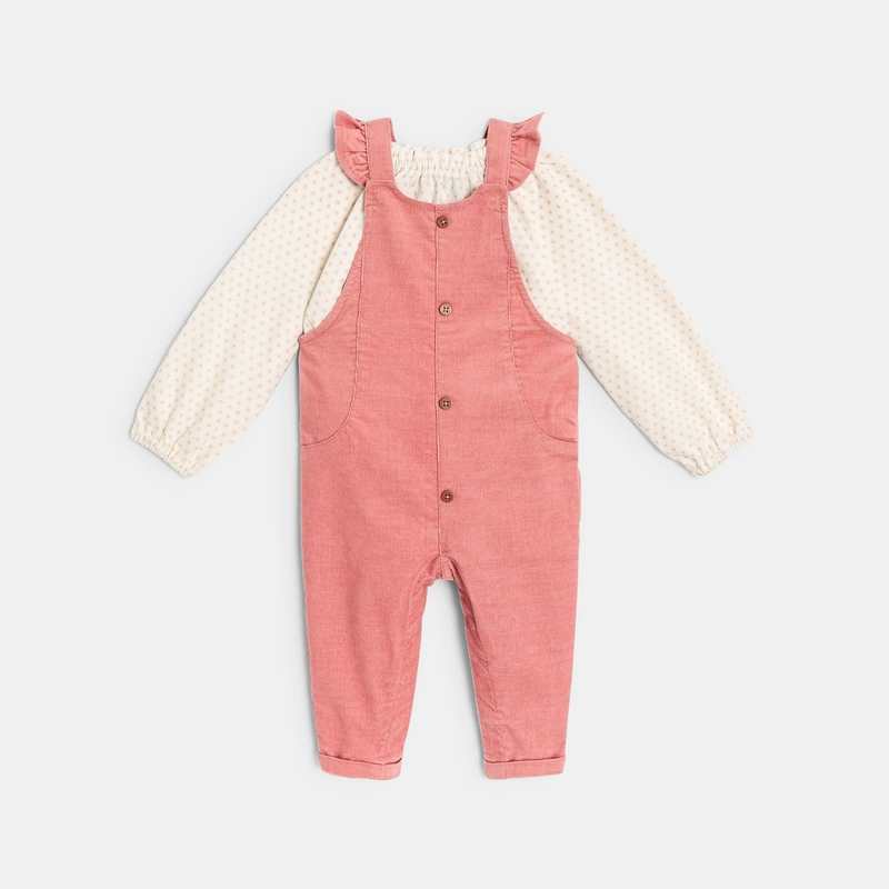 Salopette velours côtelé et blouse rose bébé fille