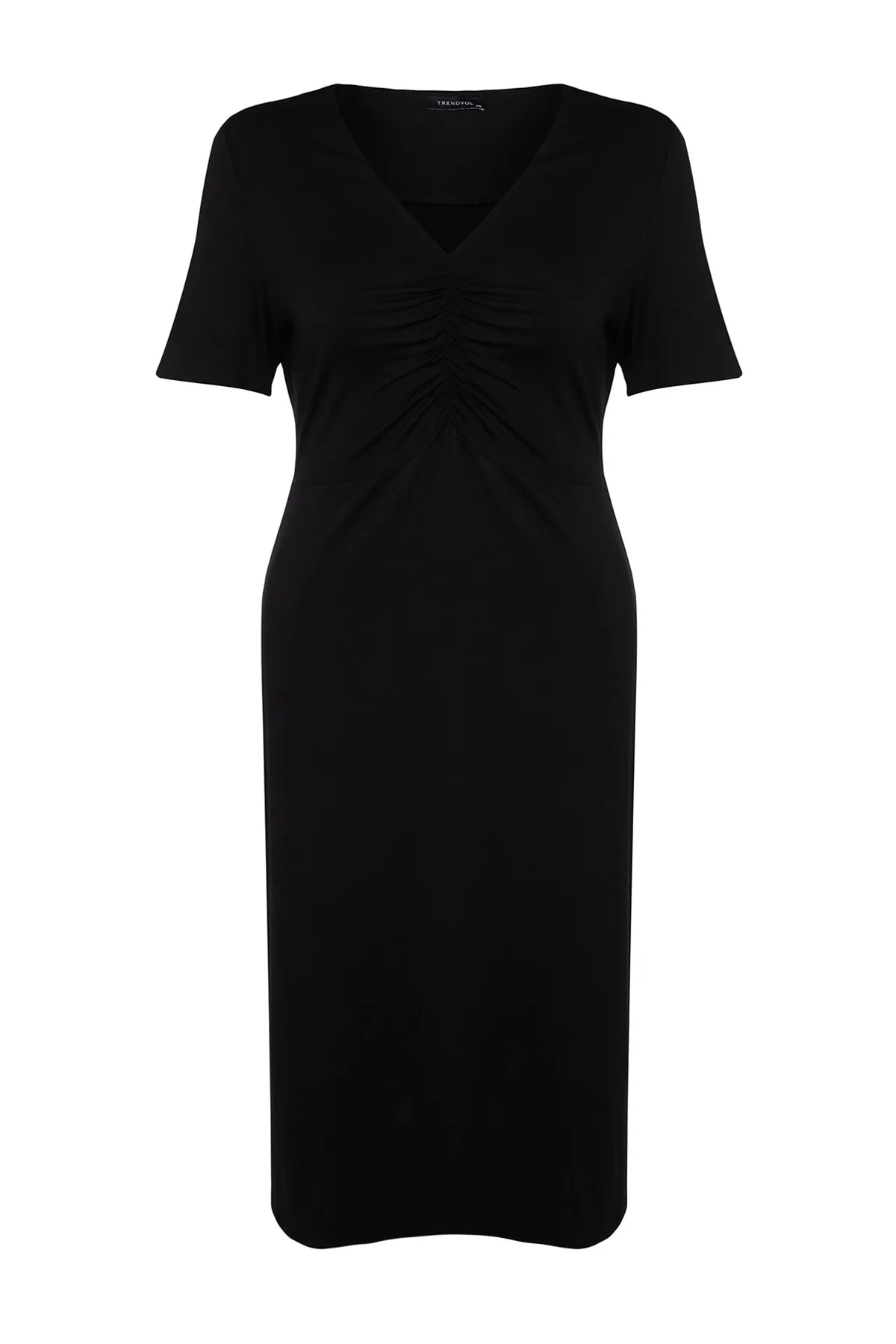 Trendyol Curve  Schwarzes, detailliertes Skater-Strickkleid mit V-Ausschnitt und Raffung TBBSS22EL2530