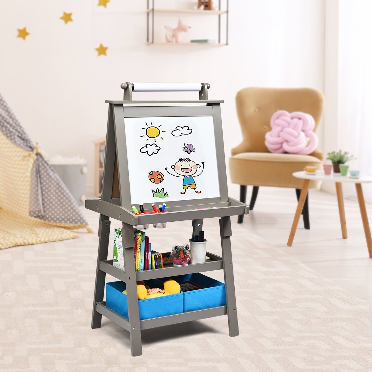 COSTWAY Standtafel Kinder Staffelei, doppelseitig, mit Magneten & 2 Boxen