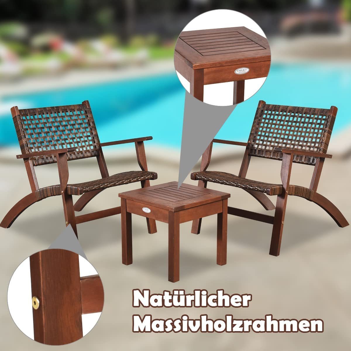 KOMFOTTEU Gartenbar-Set 3-teiliges Terrassenmöbel-Set, 2 Stühle aus Eukalyptusholz