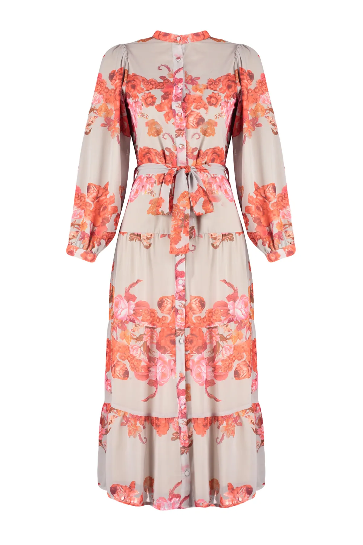 Trendyol Modest  Beigefarbenes, gefüttertes, gewebtes Kleid mit Blumenmuster und Gürtel TCTSS24EB00095