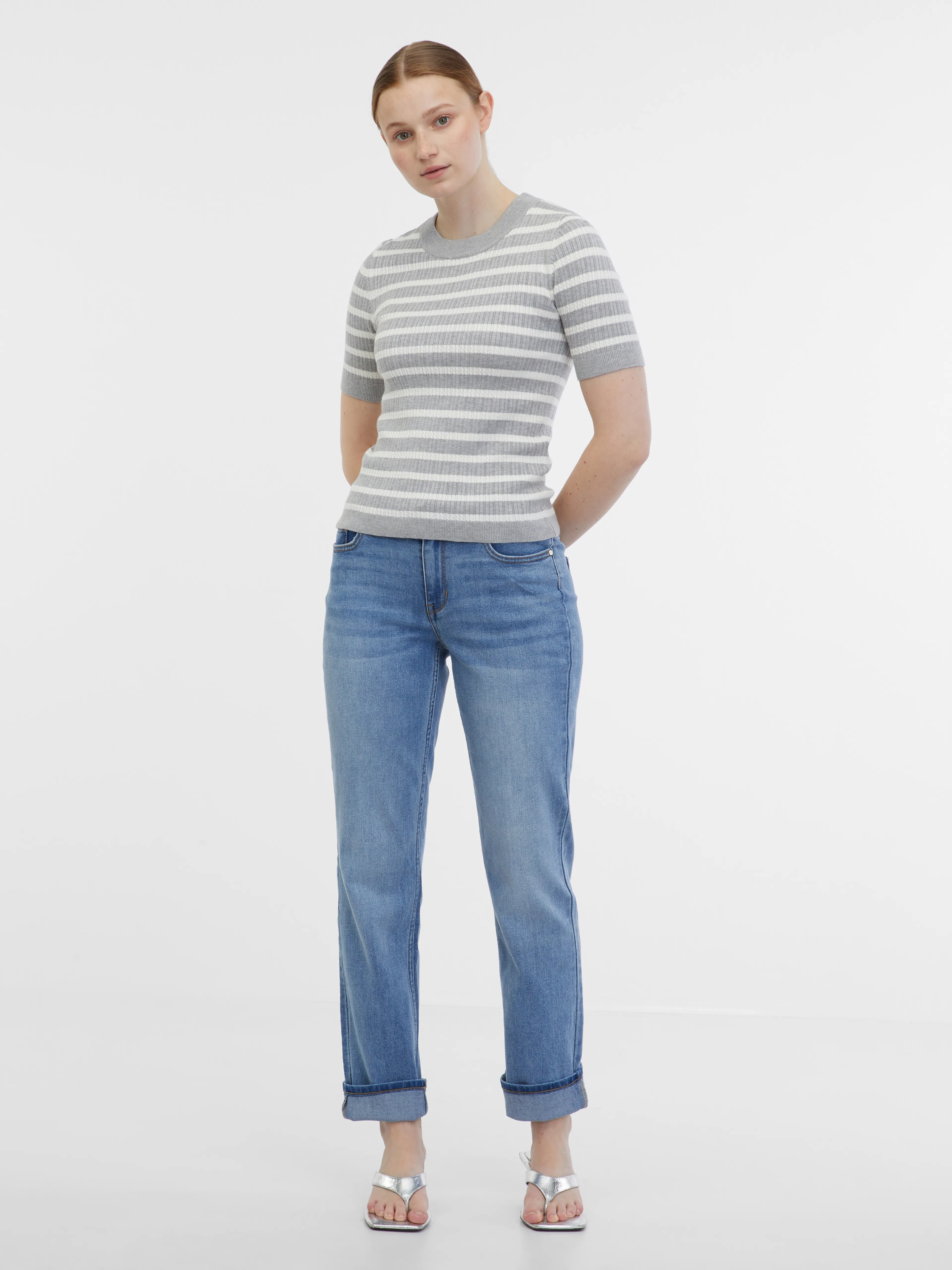 Hellgraues gestreiftes Damen-Strick-Top ORSAY