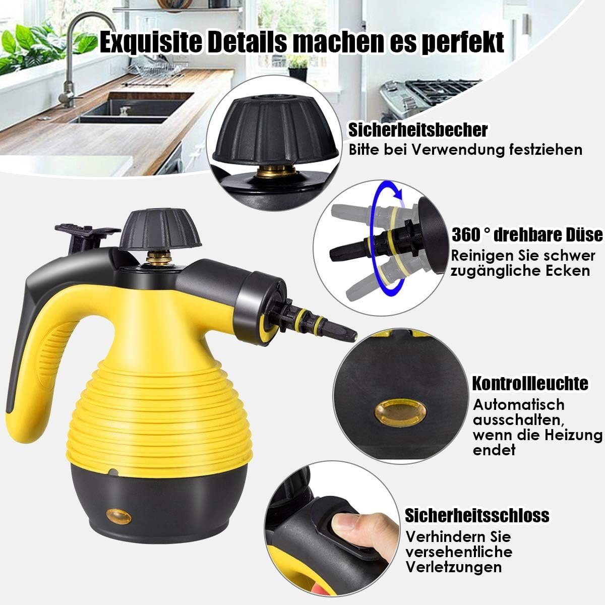 KOMFOTTEU Dampfreiniger, mit 350 ml Wassertank, 3 Bar, 1050 W, 3-5min Aufheizzeit