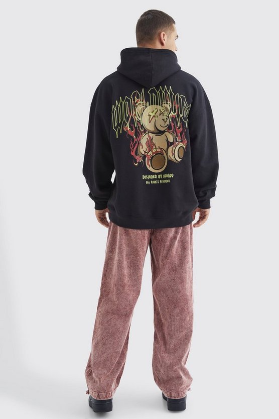 Oversize Hoodie mit Flammen Teddy Print