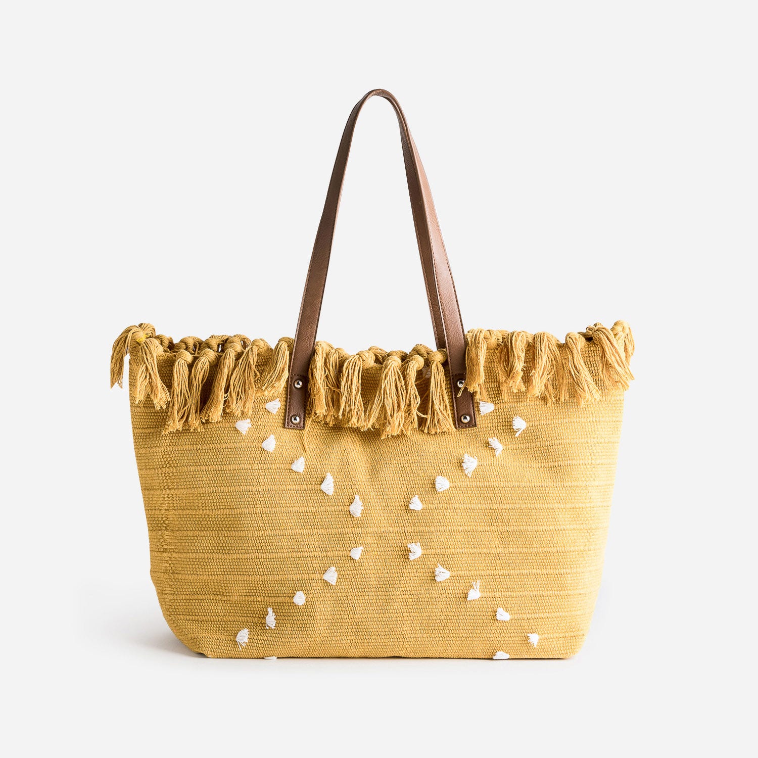 Cabas TEXTO ocre en textile tissé bordé pompons