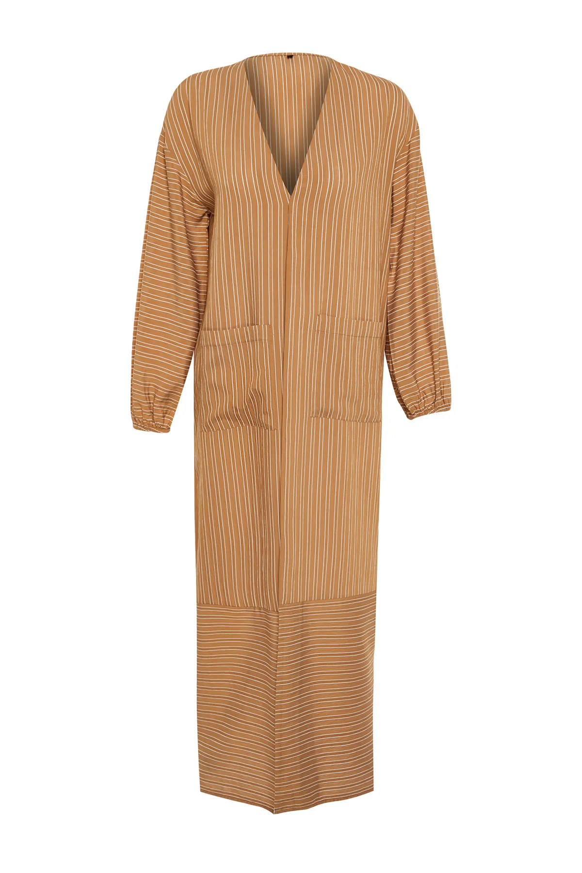Trendyol Modest  Kamellange, gestreifte, gewebte Mütze in Leinenoptik & Ferace & Abaya TCTSS24KF00003