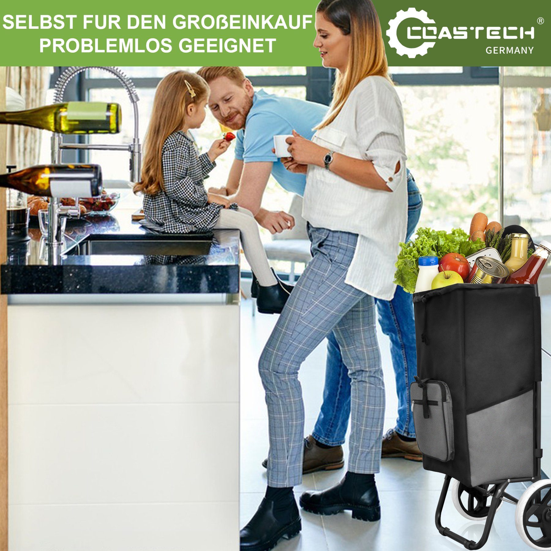 Coastech Einkaufstrolley Einkaufswagen 45 L Stauraum klappbar Abnehmbare Tasche, Oxford-Stoff Wasserabweisend, Ergonomischer / Gepolsterter Griff