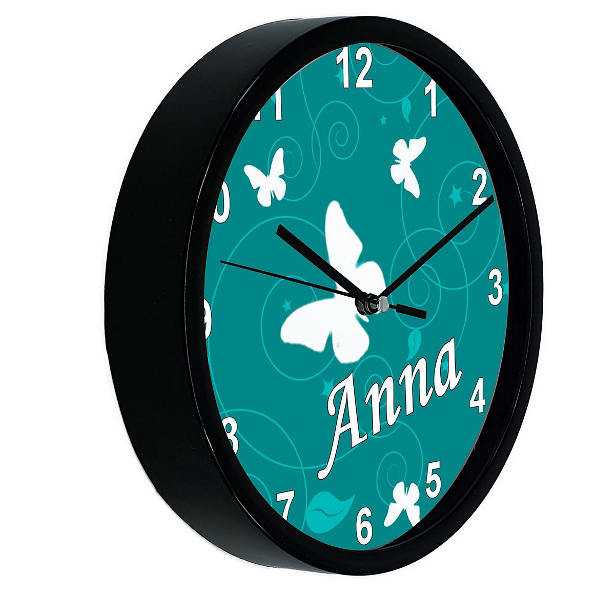 Kinder Wanduhr personalisiert mit Name Schmetterling Petrol