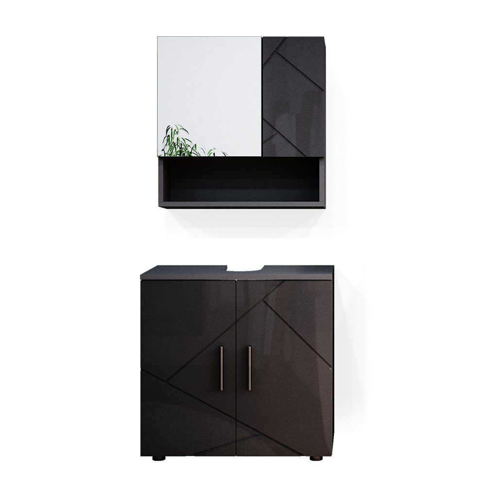 Vicco Badezimmer-Set Badmöbel Badezimmermöbel Irma Anthrazit Hochglanz Set 1, (3-St., 3-er Set)