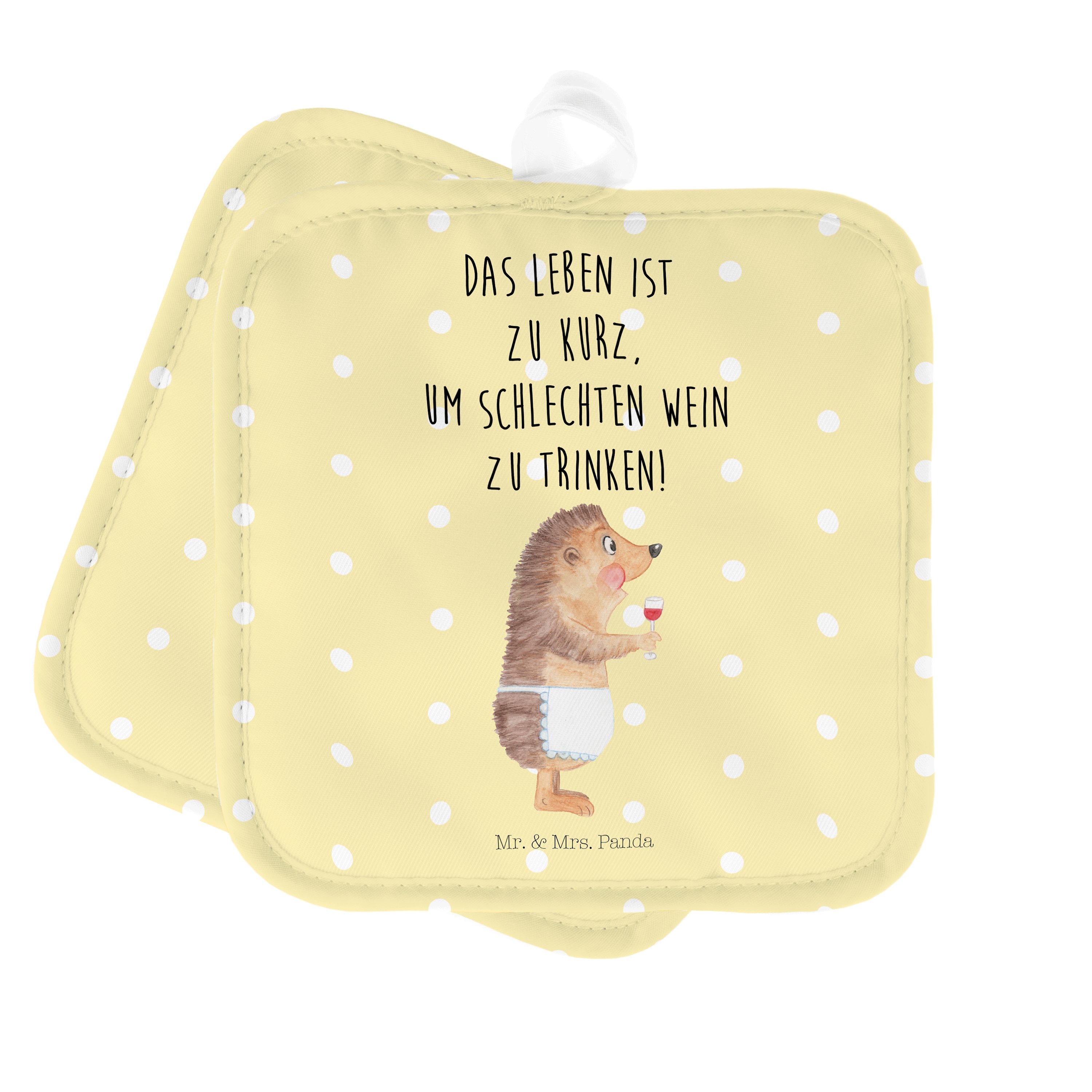 Mr. & Mrs. Panda Topflappen Igel mit Wein - Gelb Pastell - Geschenk, Gute Laune, Tiere, Topflappe, (1-tlg)