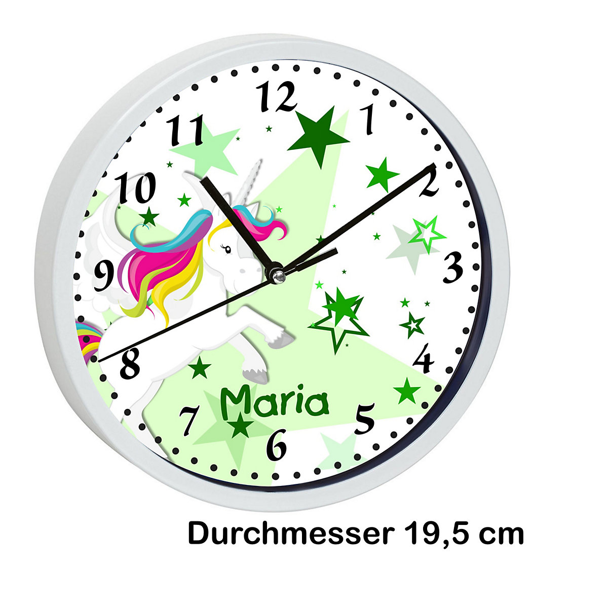 Kinder Wanduhr personalisiert mit Name Pegasus Sterne Grün