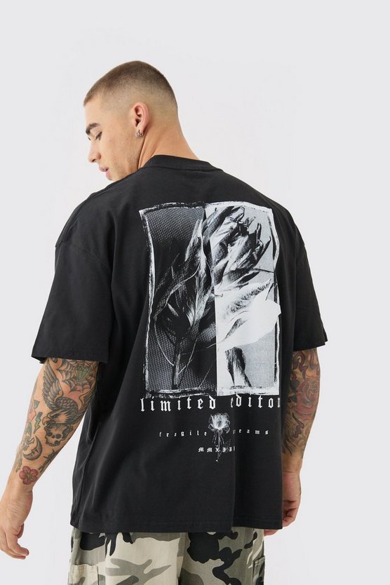 Oversized Extended Neck Floral Graphic Back Print T-shirt