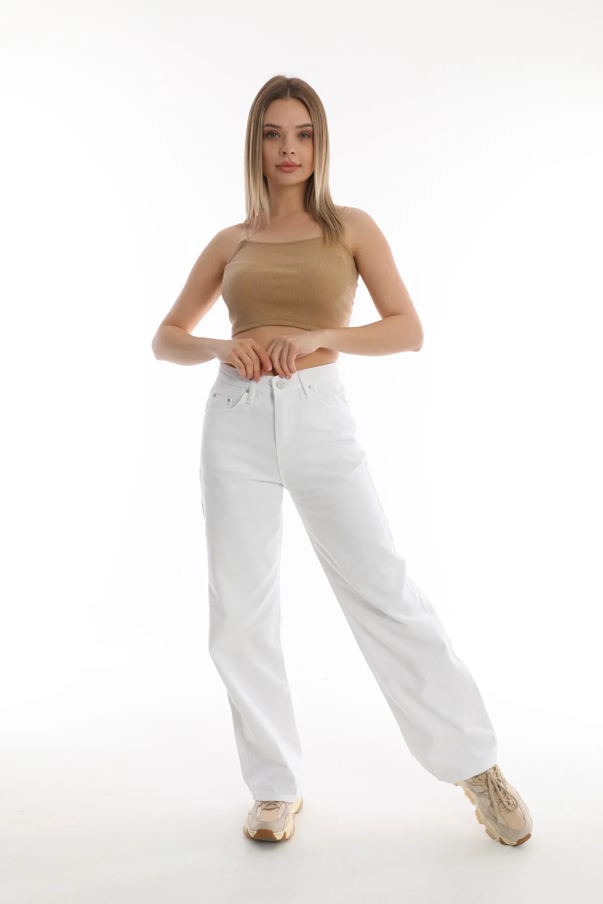 BİKELİFE  Weiße Palazzo-Hose mit weitem Bein und hoher Taille für Damen