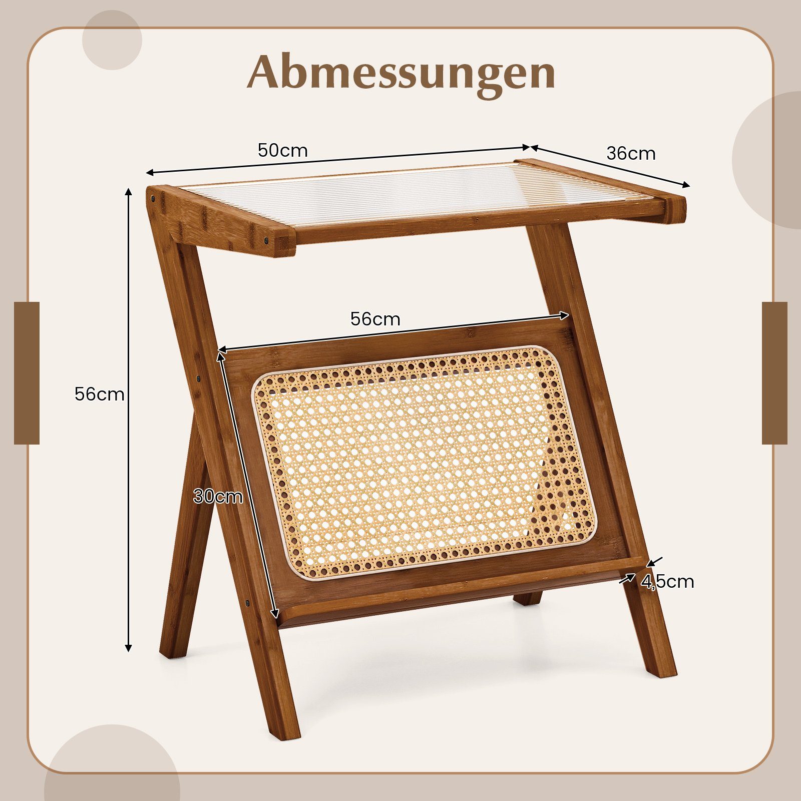 COSTWAY Couchtisch, Bambus, mit gehärteter Glasplatte & Rattan Magazinhalter