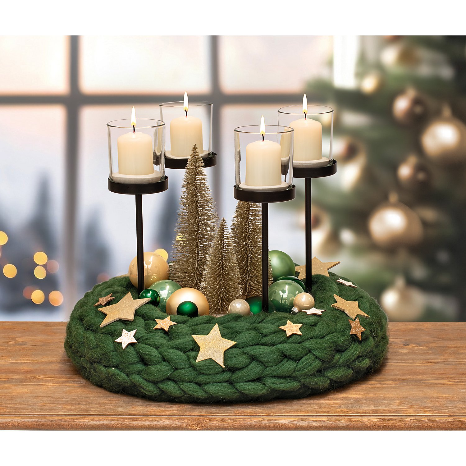 Metall-Adventskranz-Halter mit Kerzenhaltern, schwarz