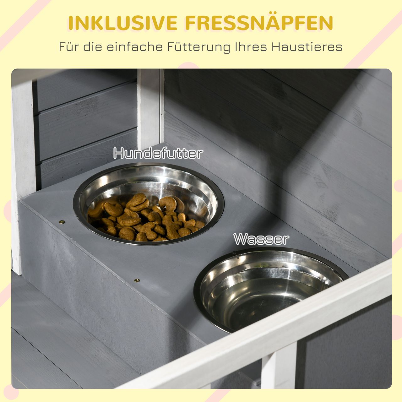 PawHut Hundehütte, Tannenholz, Hundehaus, Kleintierhaus mit 2 Schüsseln, Outdoor