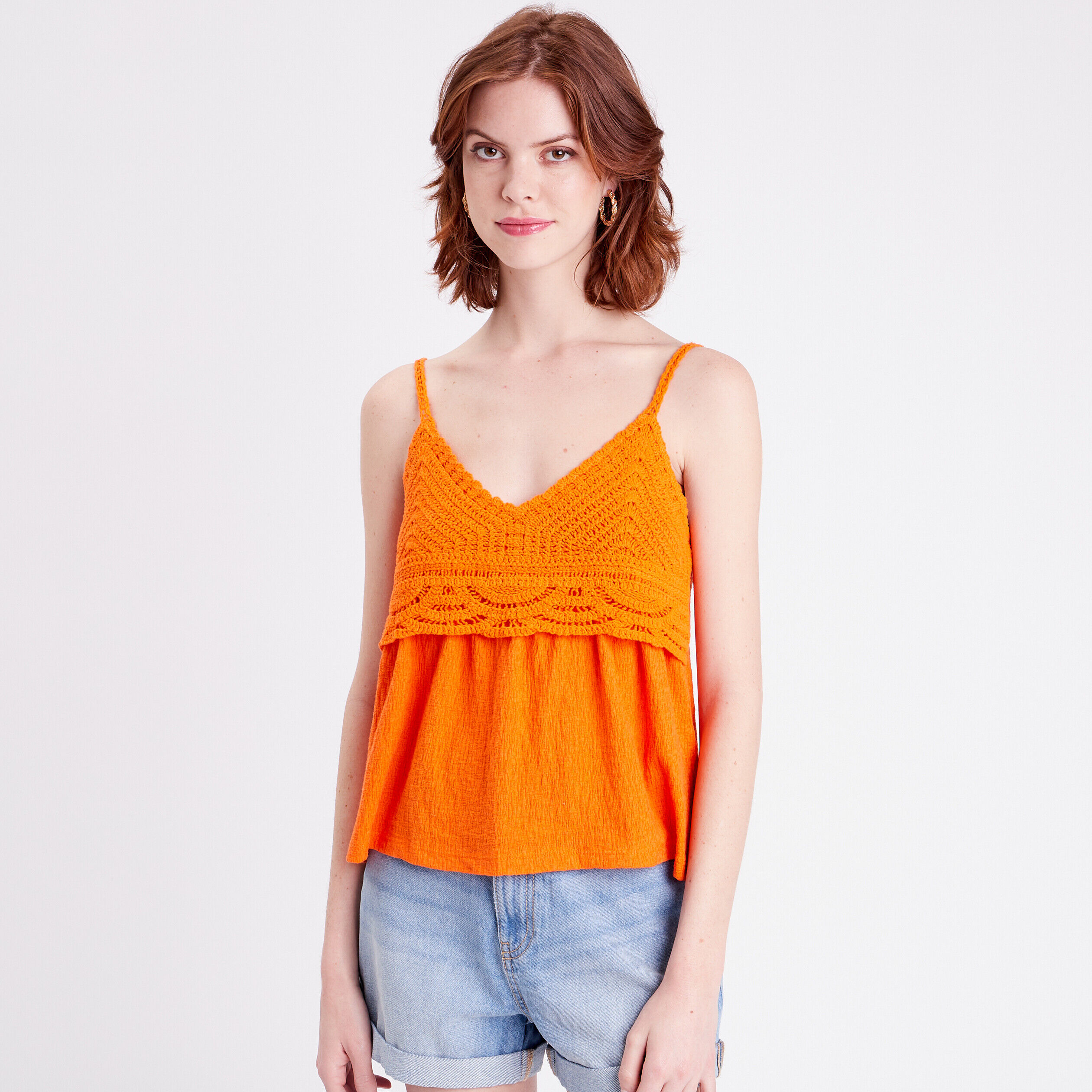Débardeur col aspect crochet orange femme | Cache Cache