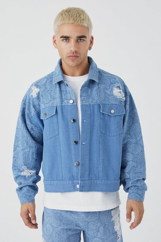 Kastige gespleißte Jeansjacke mit Paisley-Print