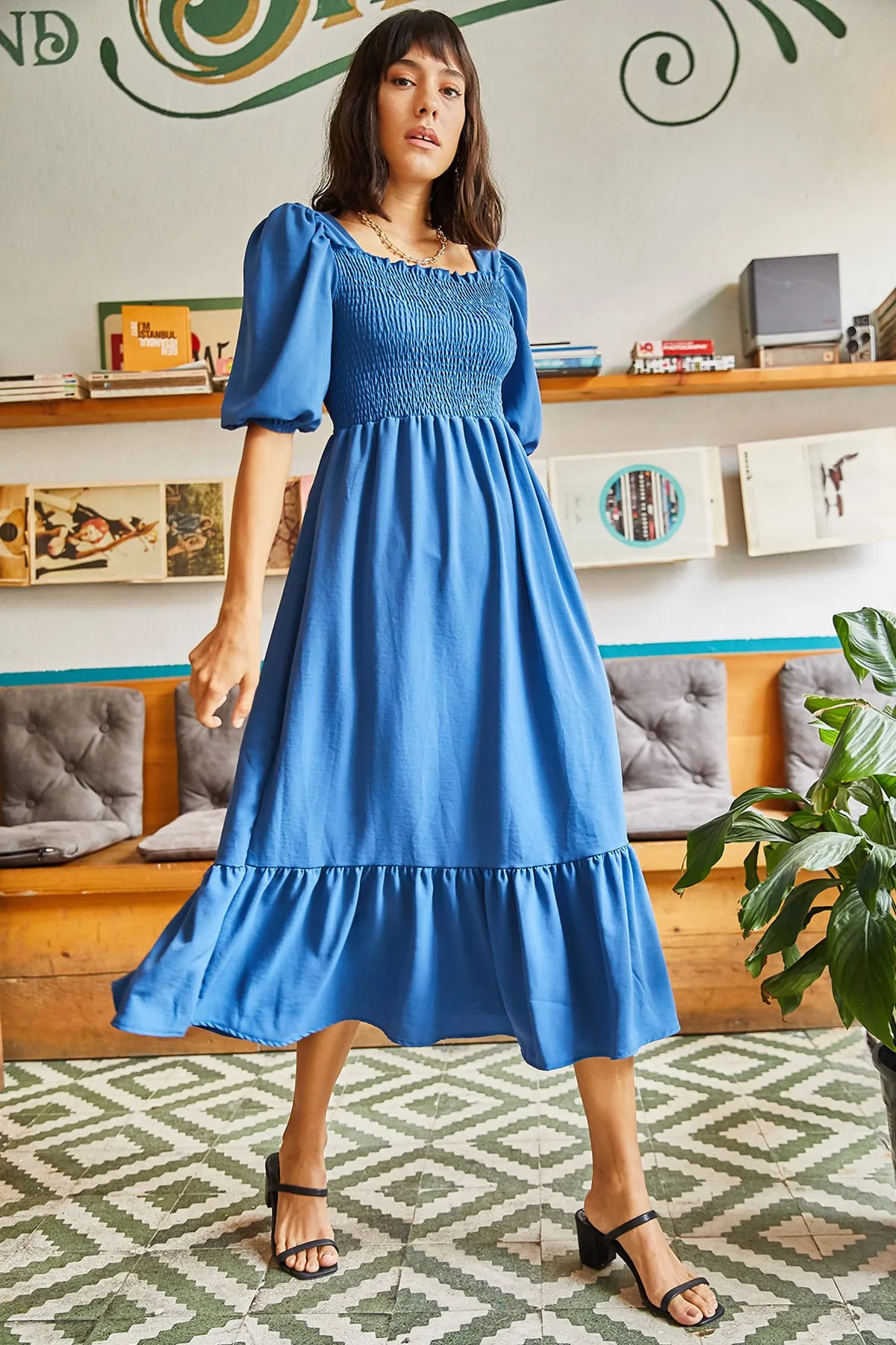 Olalook  Damen-Indigo-Gimped-Bodrum-Kleid mit quadratischem Kragen ELB-19001557