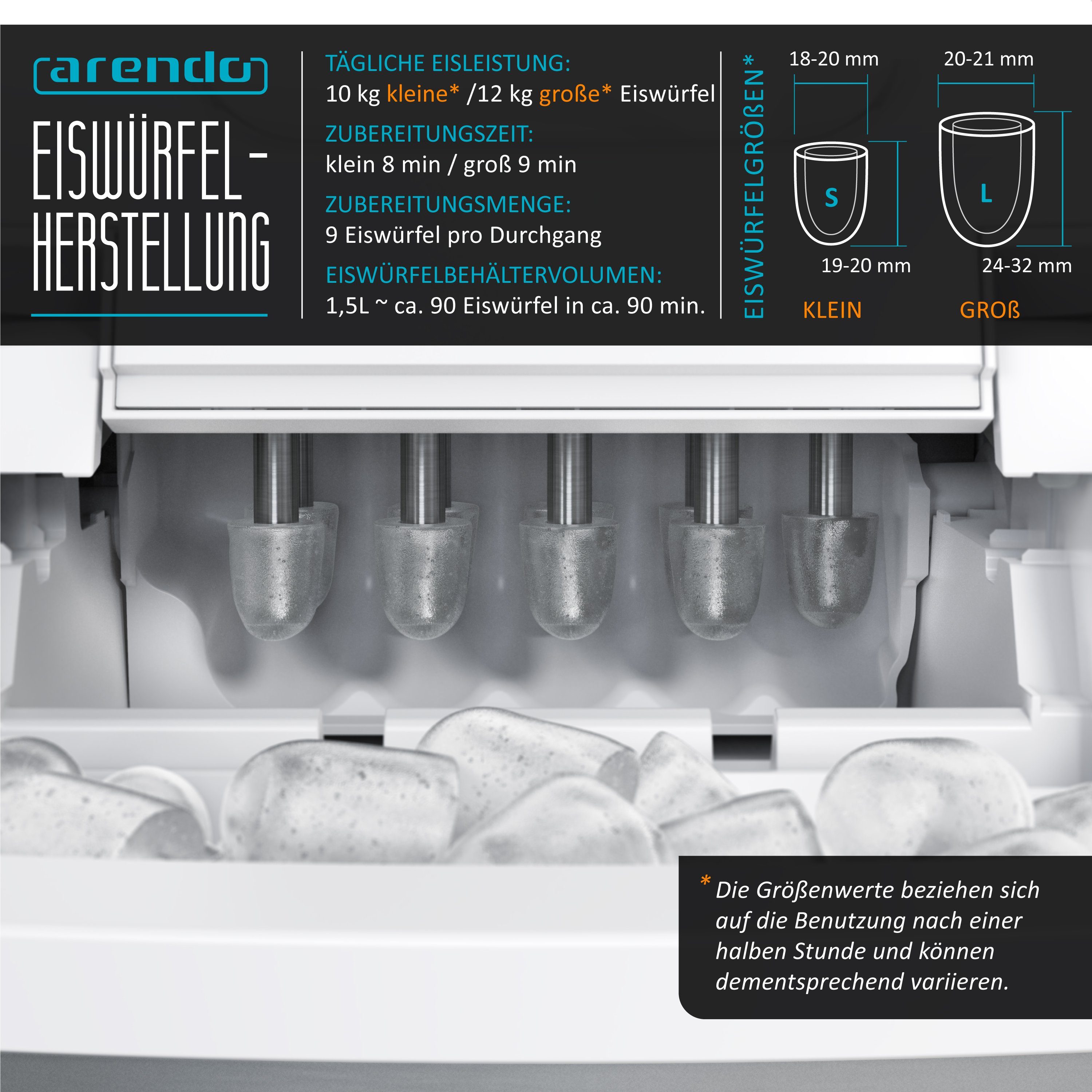 Arendo Eiswürfelmaschine, 120W mit 1,5L Behälter Eiswürfelbereiter, 9 Eiswürfel in 9 Minuten