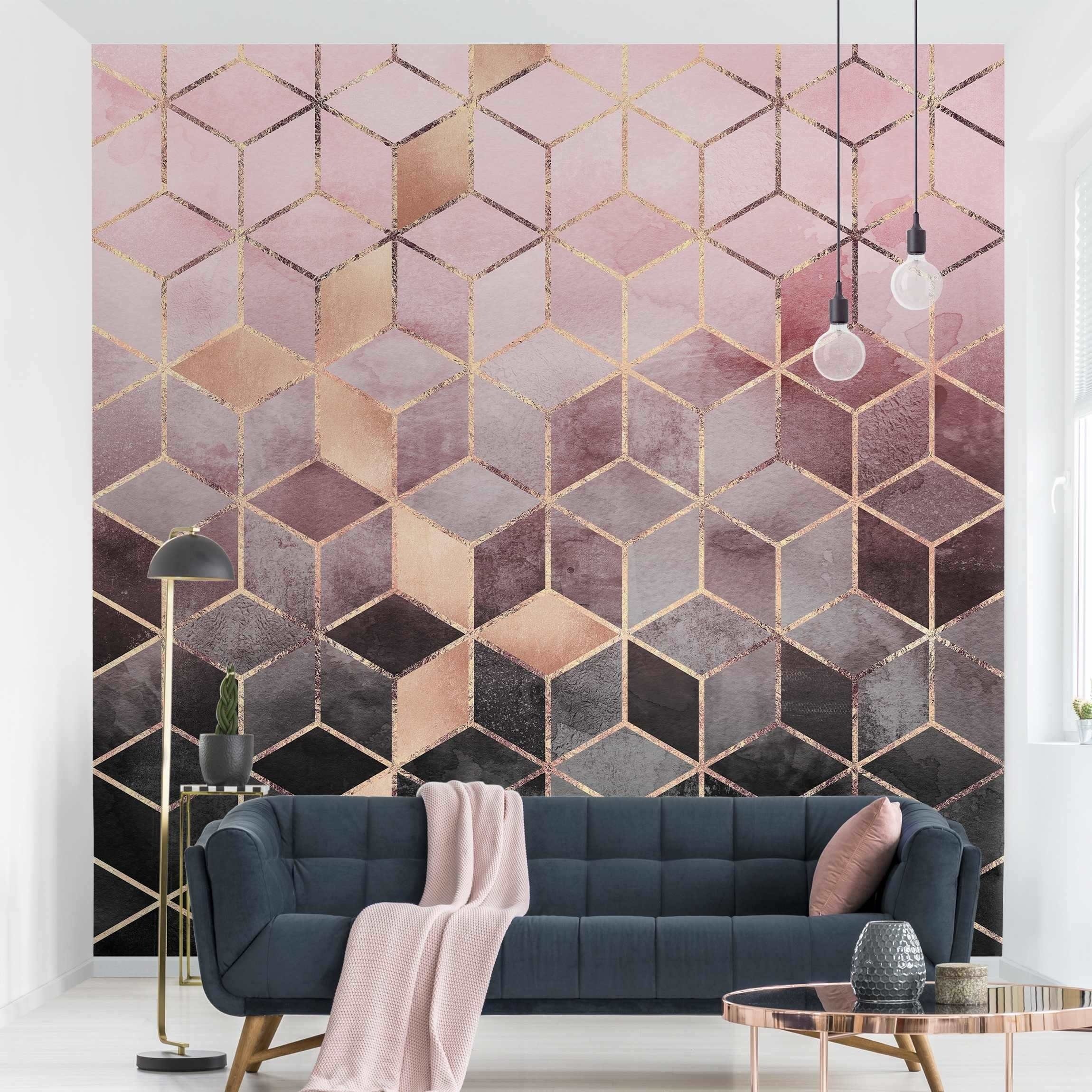 Bilderdepot24 Vliestapete Abstrakt Rosa Grau goldene Geometrie Tapete Wanddeko Modern Kunst, Glatt, Matt, (Inklusive Gratis-Kleister oder selbstklebend), Wohnzimmer Schlafzimmer Küche Flur Fototapete Motivtapete Wandtapete