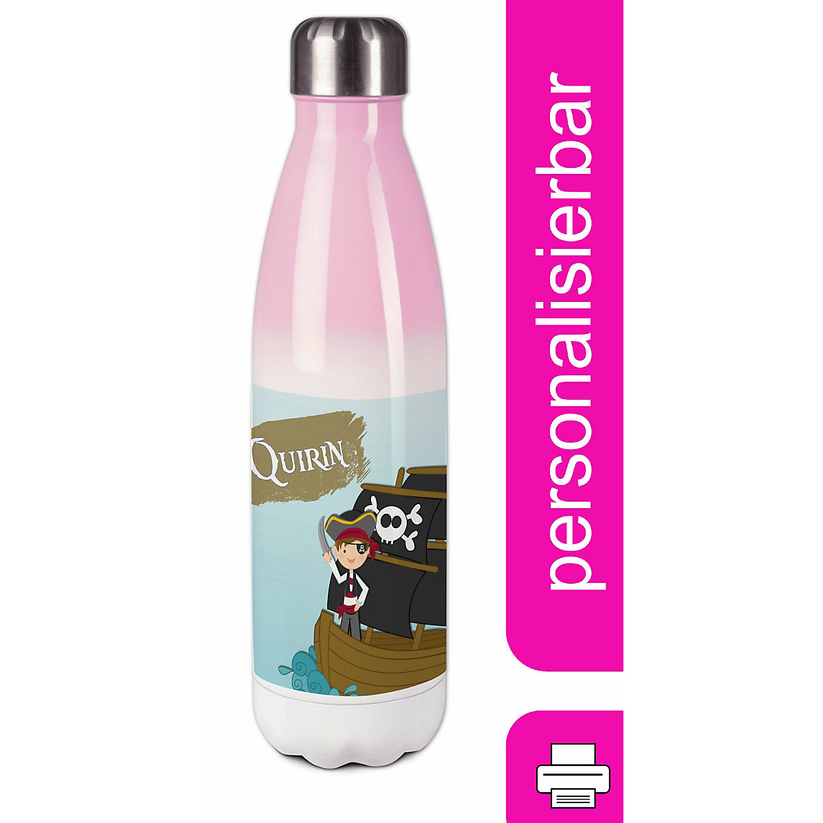 Edelstahl Kinder Thermoflasche / Trinkflasche bunt Pirat Spülmaschinenfest, Auslaufsicher, Bruchfest, Doppelwandig, Für Heißgetränke geeignet, Mit Deckel, Isoliert
