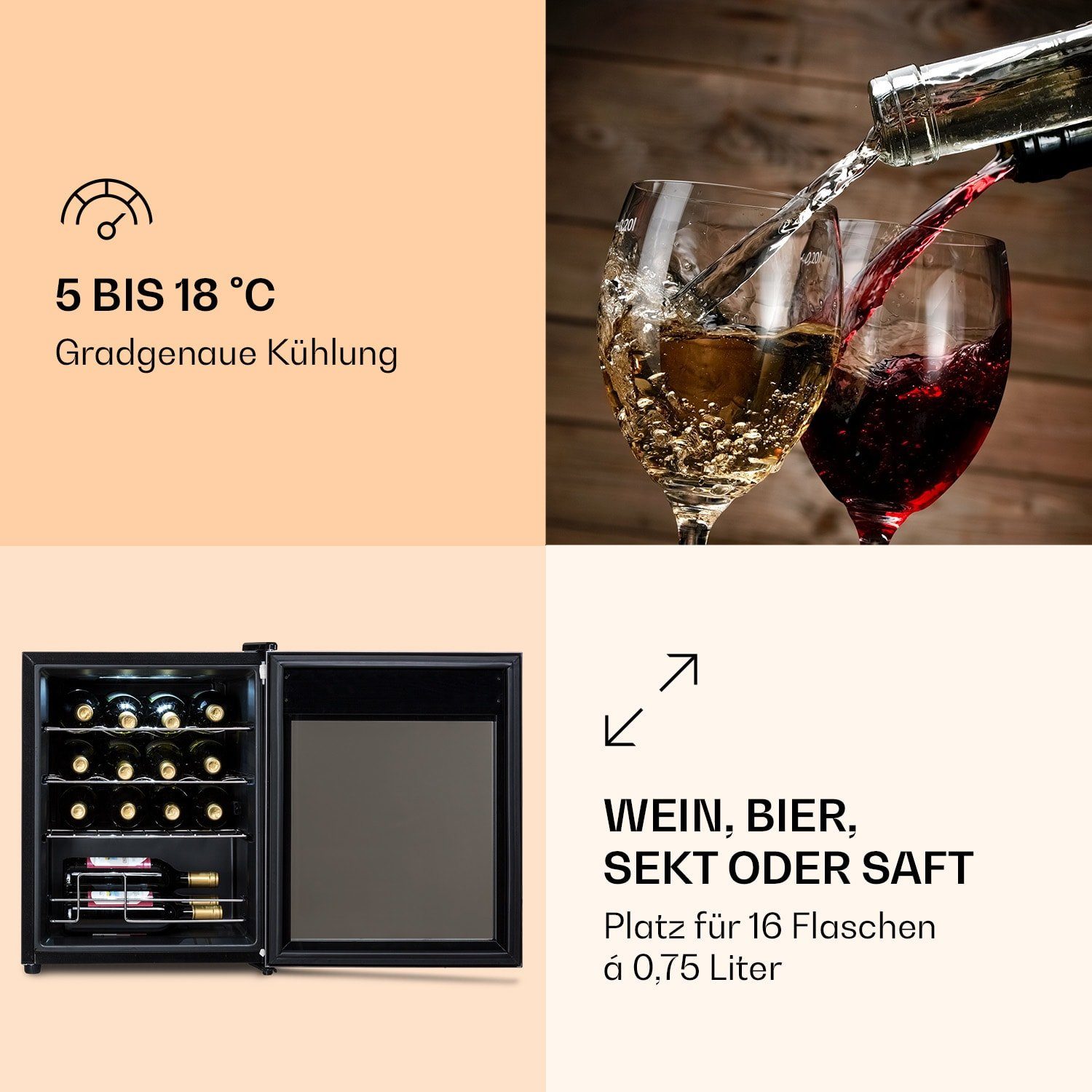 Klarstein Weinkühlschrank Ultimo 16 Uno, für 16 Standardflaschen á 0,75l,Wein Flaschenkühlschrank Weintemperierschrank Weinschrank Kühlschrank