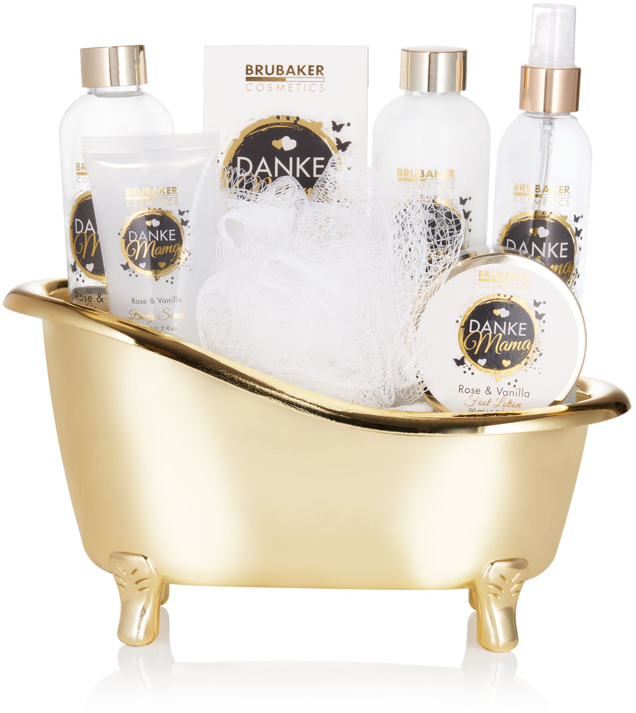 BRUBAKER Pflege-Geschenkset Danke Mama - Dusch- und Badeset mit Rosen Vanille Duft, 8-tlg., Geschenkset in Wanne - Badeset Geschenk für die Mutter - Gold Weiß