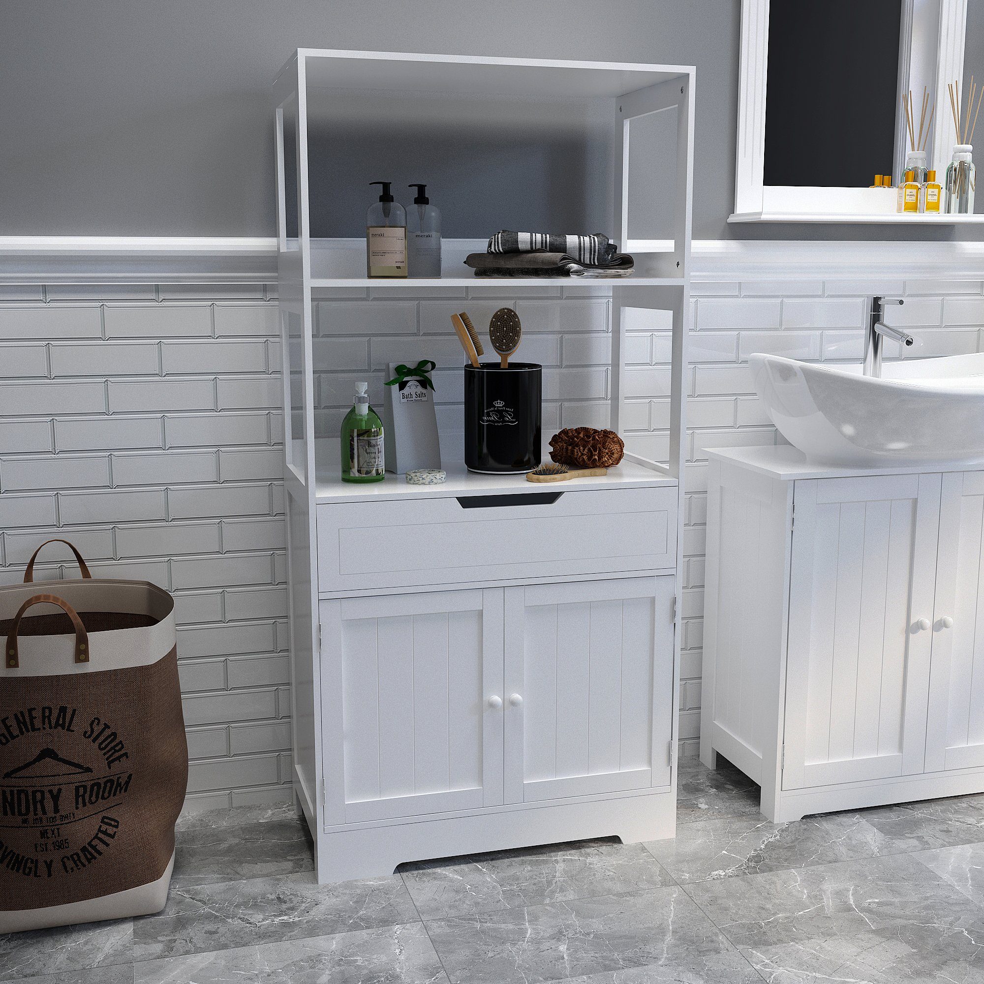 Mondeer Badkommode Badezimmerschrank, Badschrank, Aufbewahrungsschrank, 60 x 30 x 121cm, weiß