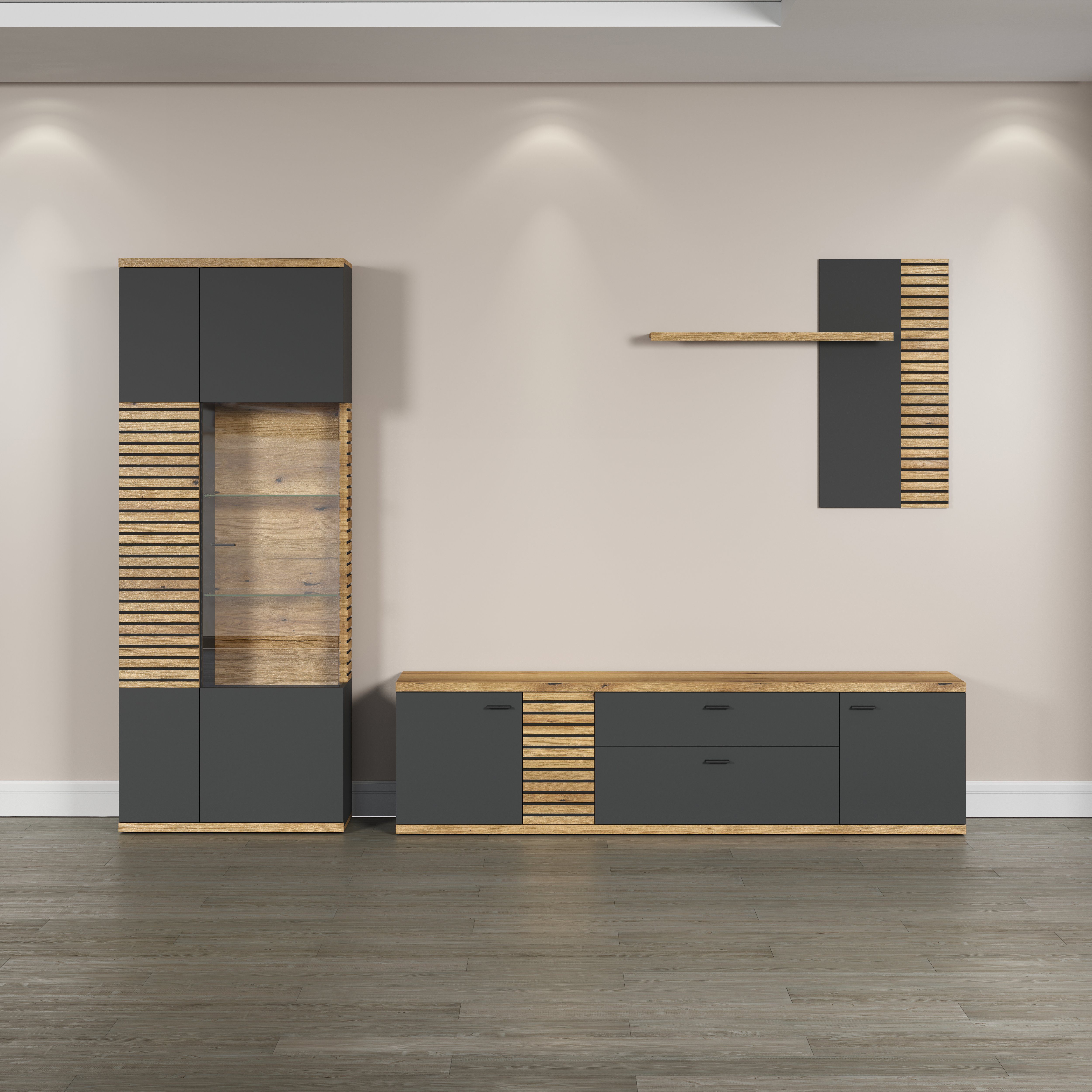 INOSIGN Wohnwand NORRISWW, (Set, 3-St), Wohnwand-Set in Anthrazit mit Coast Evoke Eiche, Türen mit Soft-Close